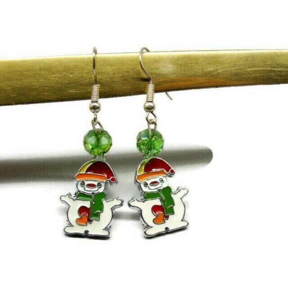 Vertical Drop Dangle Hook Earrings Womans Snowman Green Bead Winter Silver Tone - Picture 6 of 7